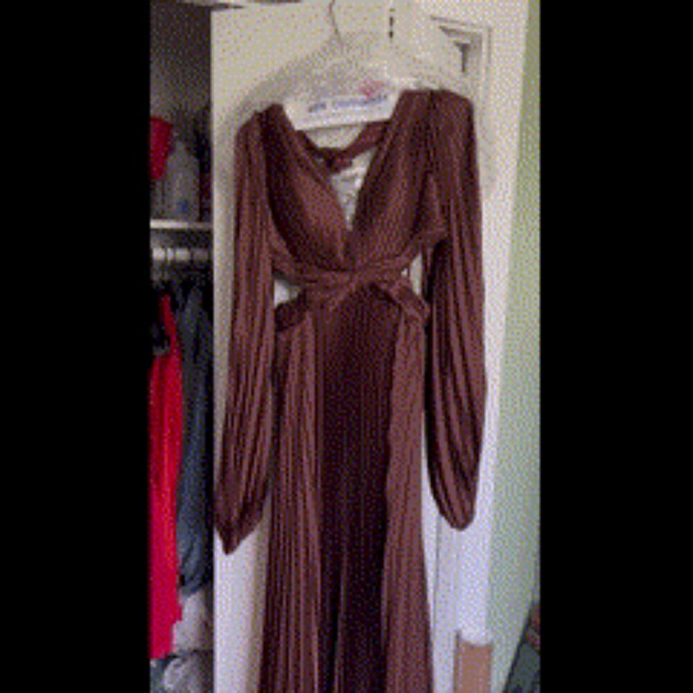 Ieena for Mac Duggal Women's Long Sleeve Cut-Out Pleated Dress in Espresso